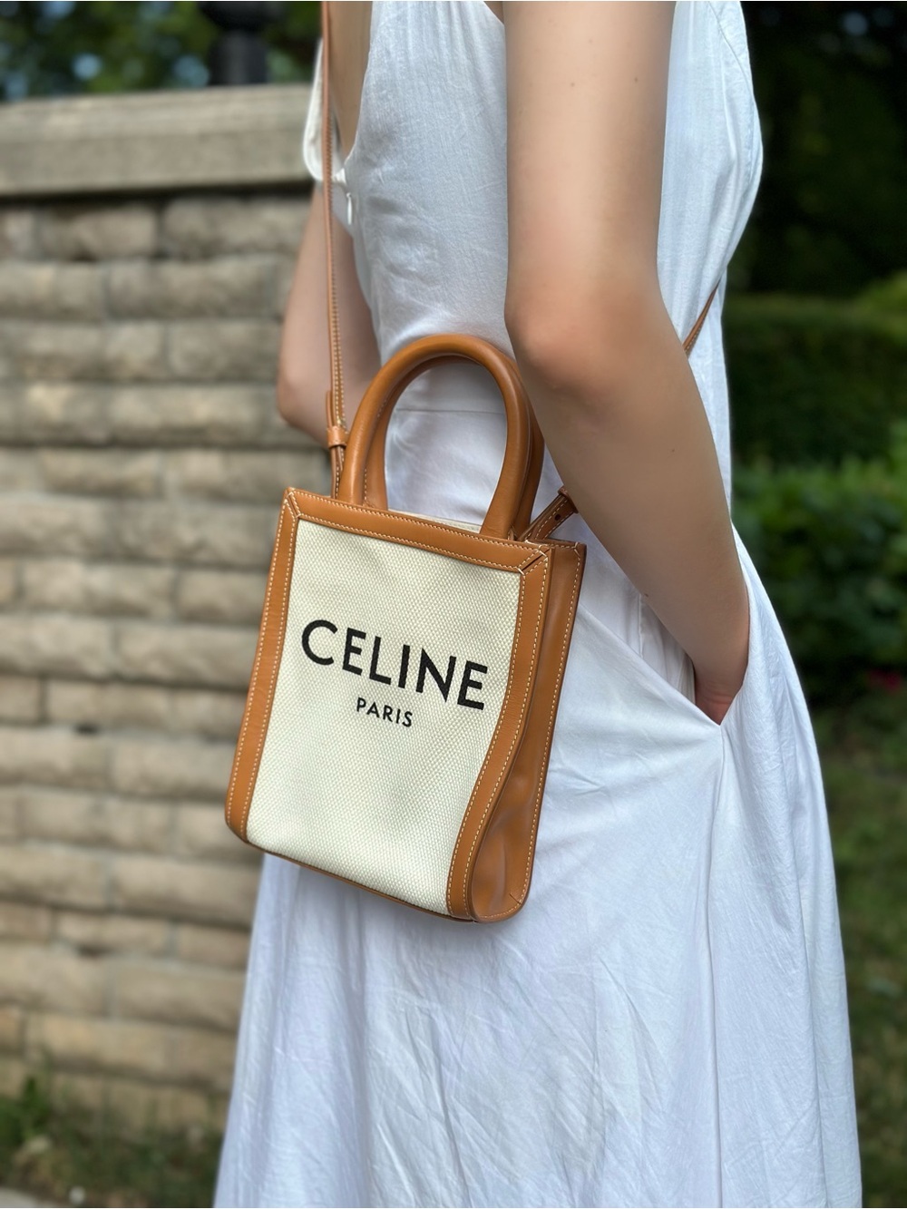Celine Mini Cabas White Canvas Tote with Tan Leather
